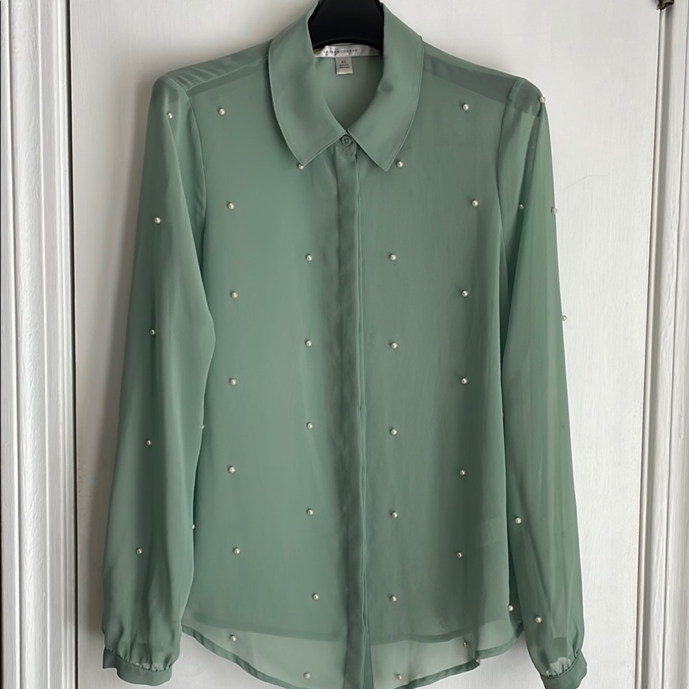 LC Lauren Conrad Sheer Sage Green Pearl-Embellished Blouse